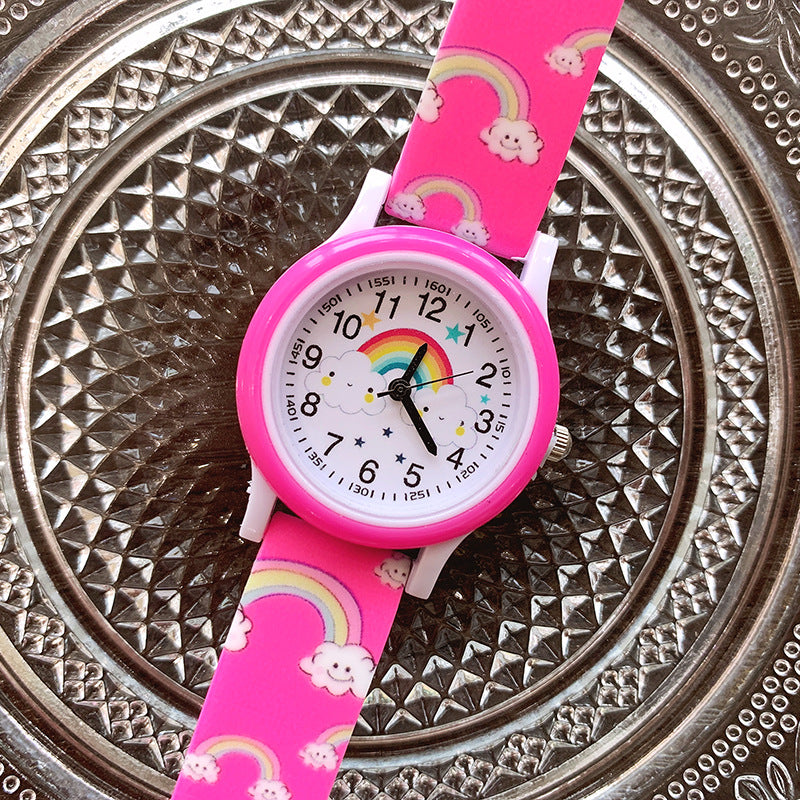 BrightBeam hot pink rainbow kids watch a cheerful first watch