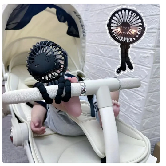 Bendable fan legs wrap around stroller bar