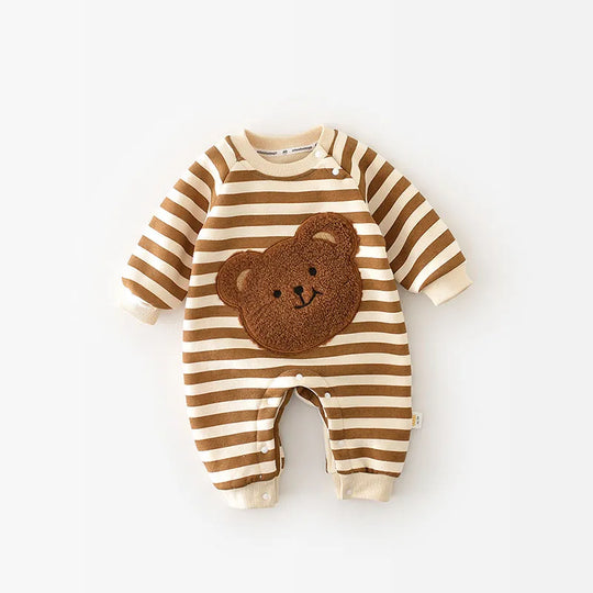 SnugStripe teddy bear baby romper brown