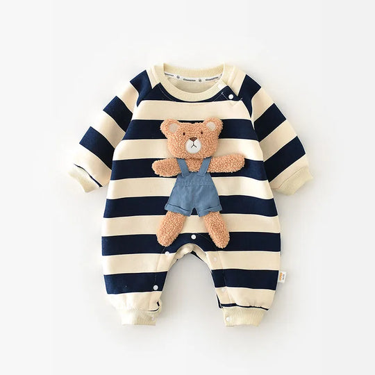SnugStripe teddy bear baby romper blue