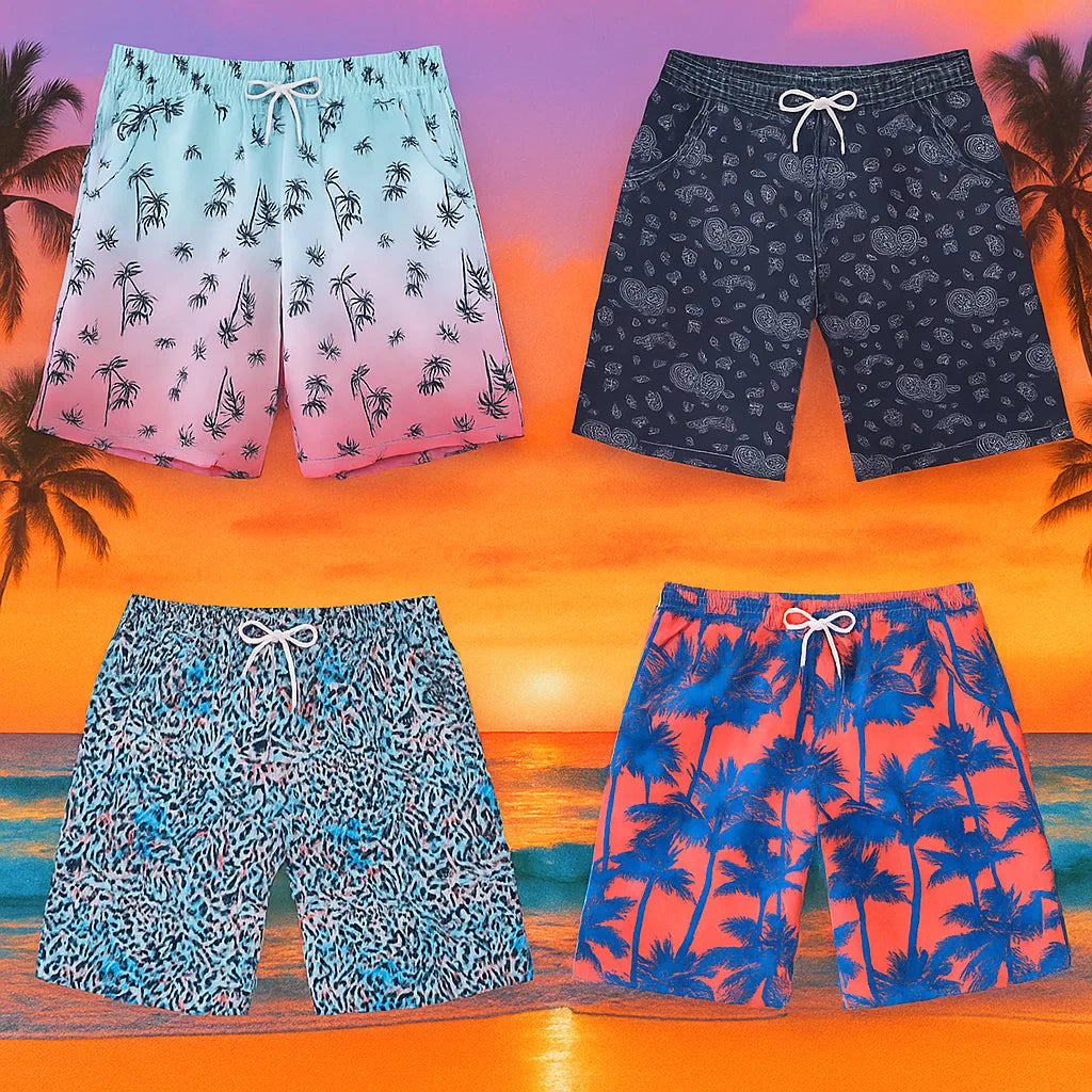 Swim shorts with elastic waistband and drawcord