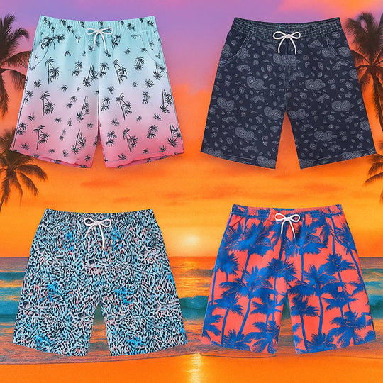 Swim shorts with elastic waistband and drawcord