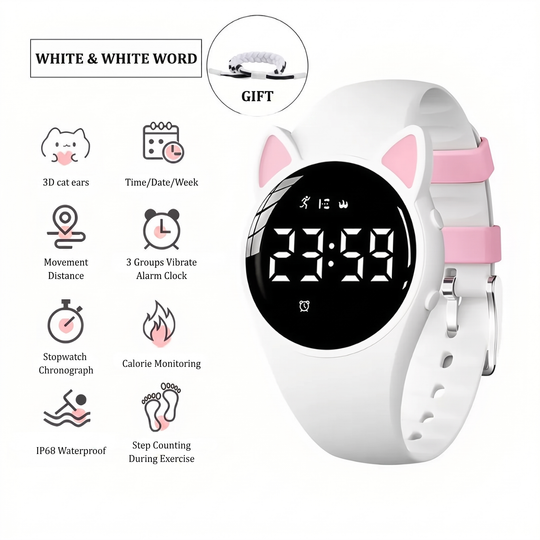 Kids sport watch displaying calories and distance