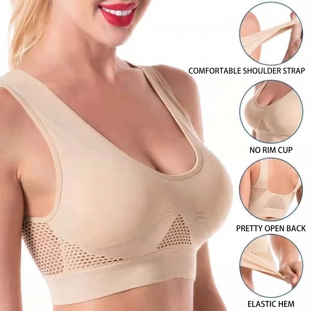 Woman wearing wireless lift bra for all-day comfort