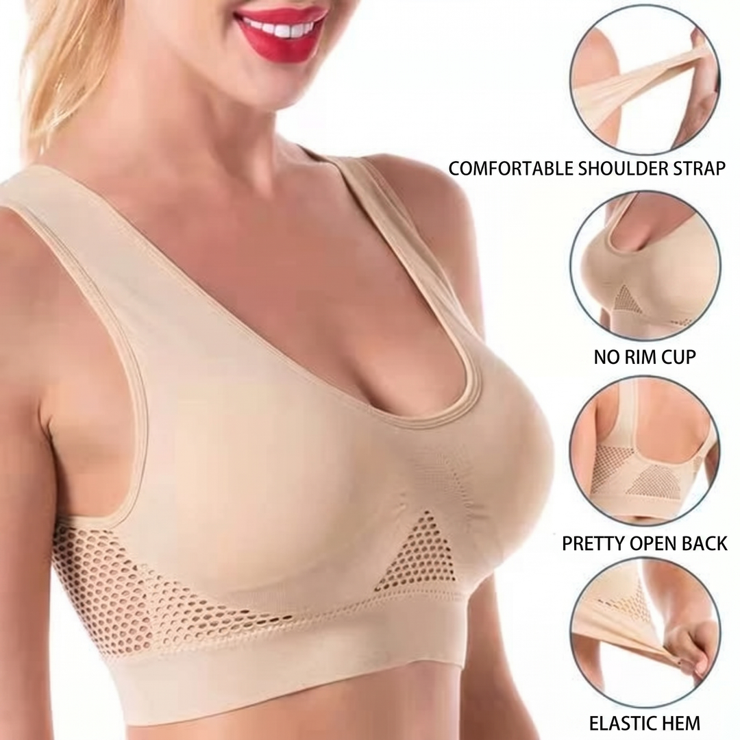 Woman wearing wireless lift bra for all-day comfort