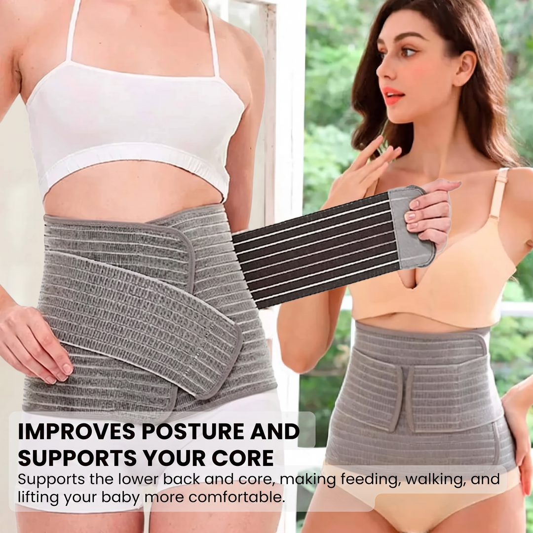 Mom wearing postpartum belly band during recovery