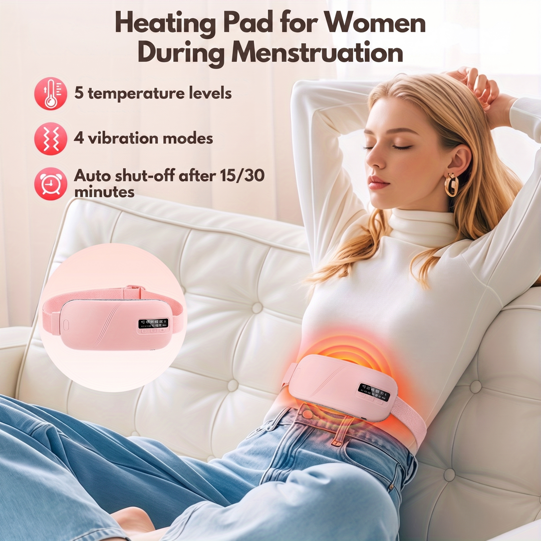 Woman relaxing with heated massage cushion at home