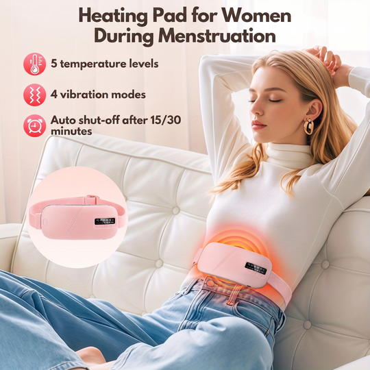 Woman relaxing with heated massage cushion at home