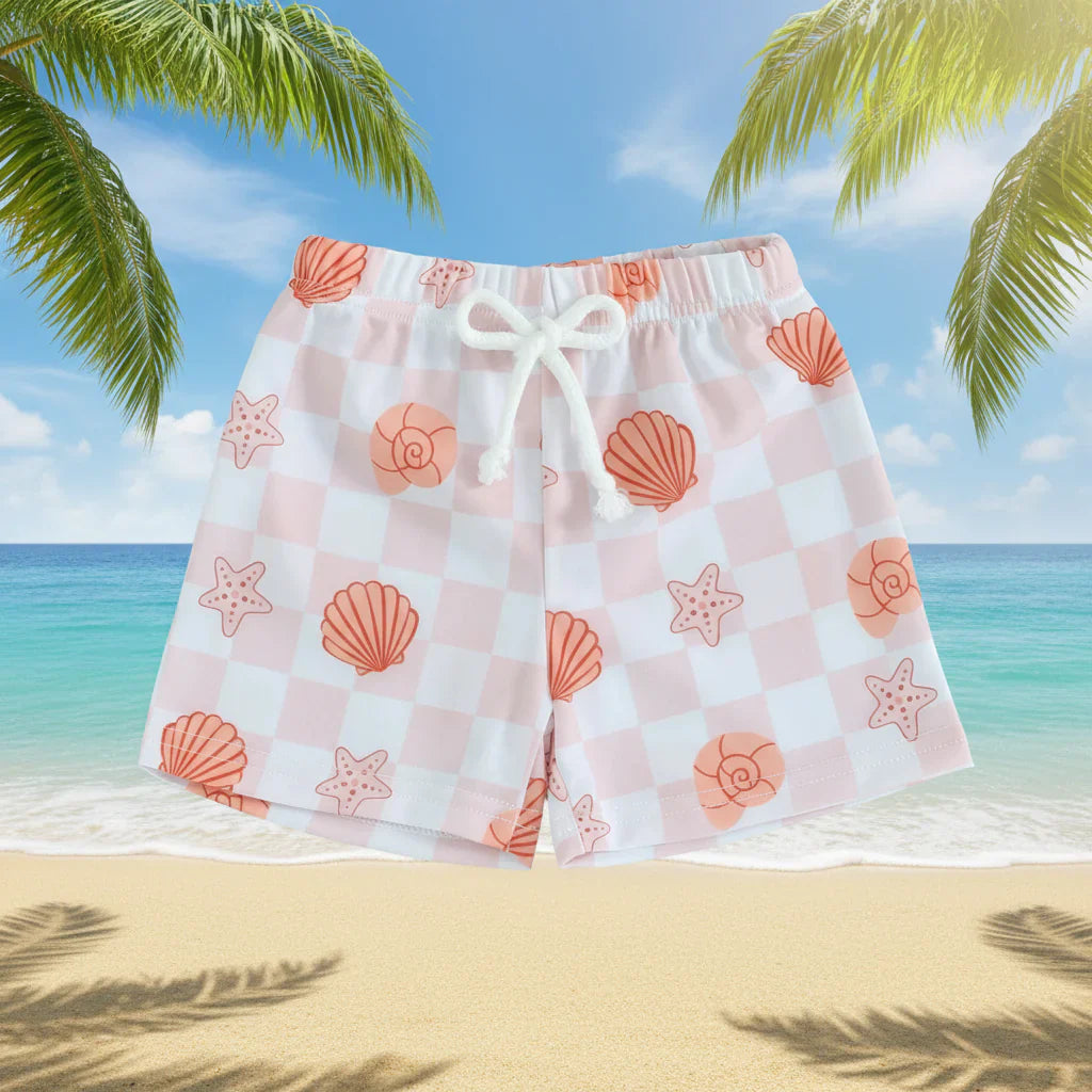 SunPebble kids swim shorts shell and starfish