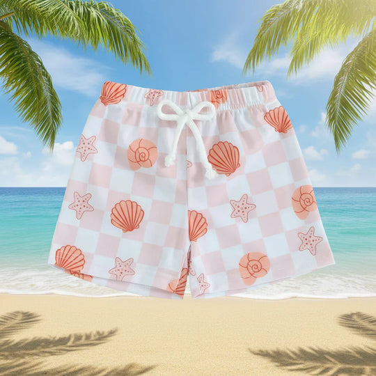 SunPebble kids swim shorts shell and starfish