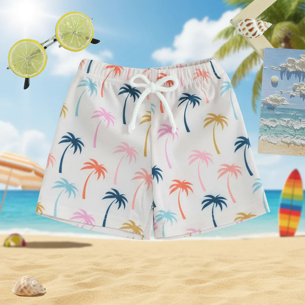 SunPebble kids swim shorts palm trees