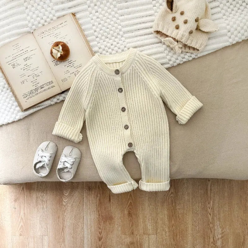 BerrySnug soft knit baby romper beige white