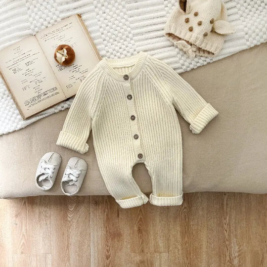 BerrySnug soft knit baby romper beige white