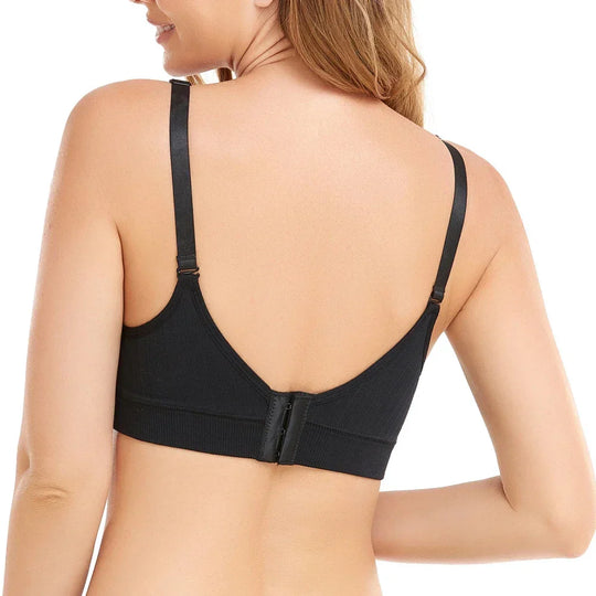 Seamless nursing bra with pump-friendly stretch-fit cups