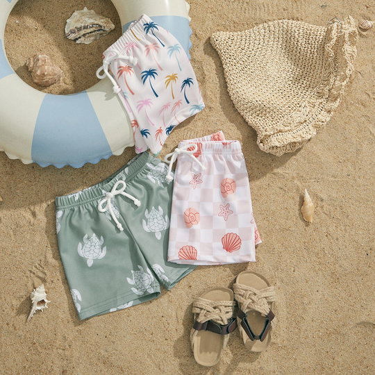 Playful print kids swim shorts for pool days