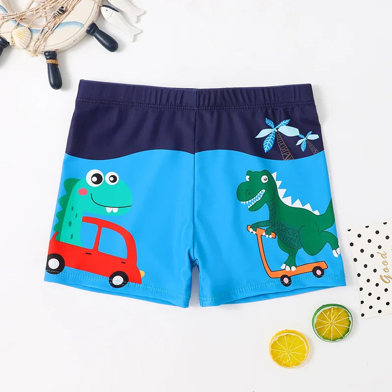 TideRunner kids swim trunks dino traffic print