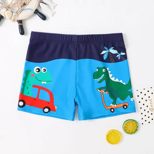 TideRunner kids swim trunks dino traffic print