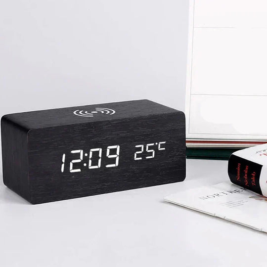 Wooden LED Alarm Clock with Wireless Charging — Calm Mornings