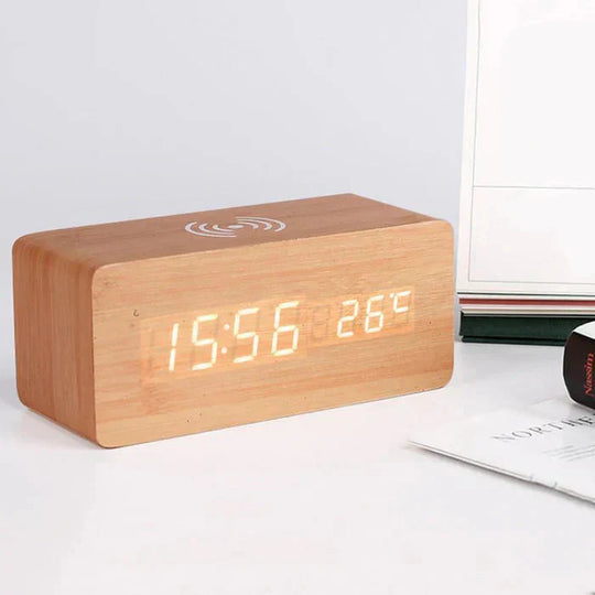 Wooden LED Alarm Clock with Wireless Charging — Calm Mornings